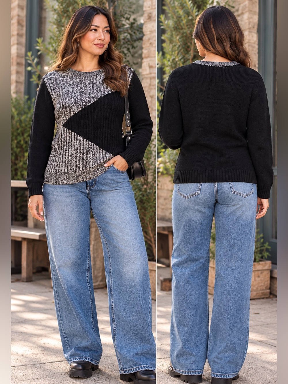 Vintage Y2K Chaps Denim XL Black Gray Colorblock Geometric Knit Sweater